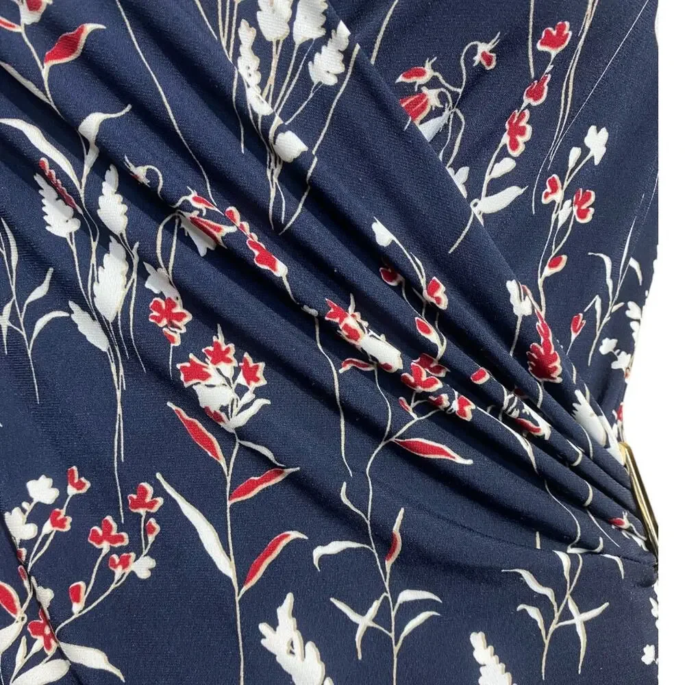 Charter Club navy blue floral wrap style 3/4 sleeve blouse - Medium Petite - Picture 3 of 8